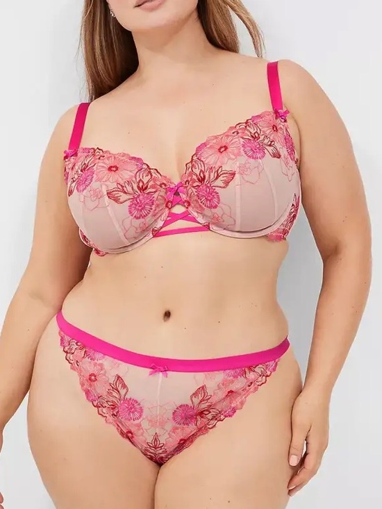 Cacique Other - Cacique Nude and Hot Pink Floral Embroidered Underwire Bra & Bikini